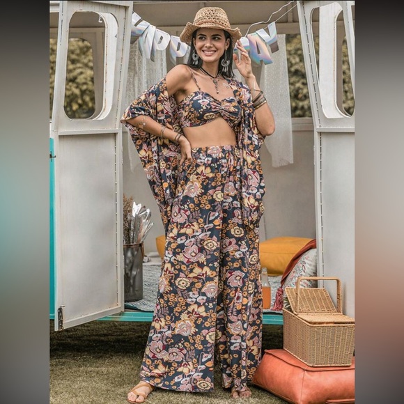 #140• Boho Allover Floral Print Cami Top &Wide Leg Pants &Kimono Set 100%Viscose - Picture 3 of 4